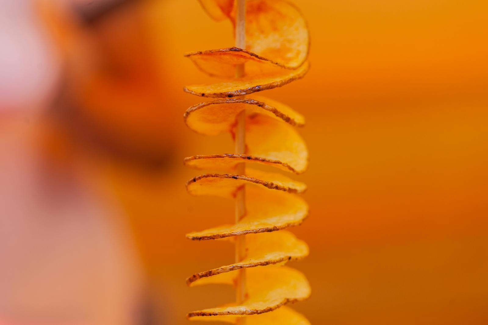 Krokante twister-aardappelspiraal op stokje, krokant gefrituurd